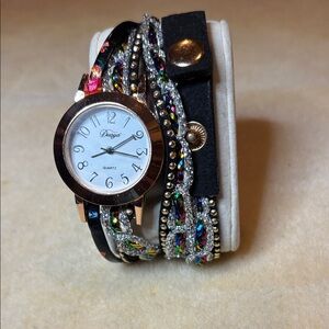 Black and Gold Wrap Watch with Multicolor Accents